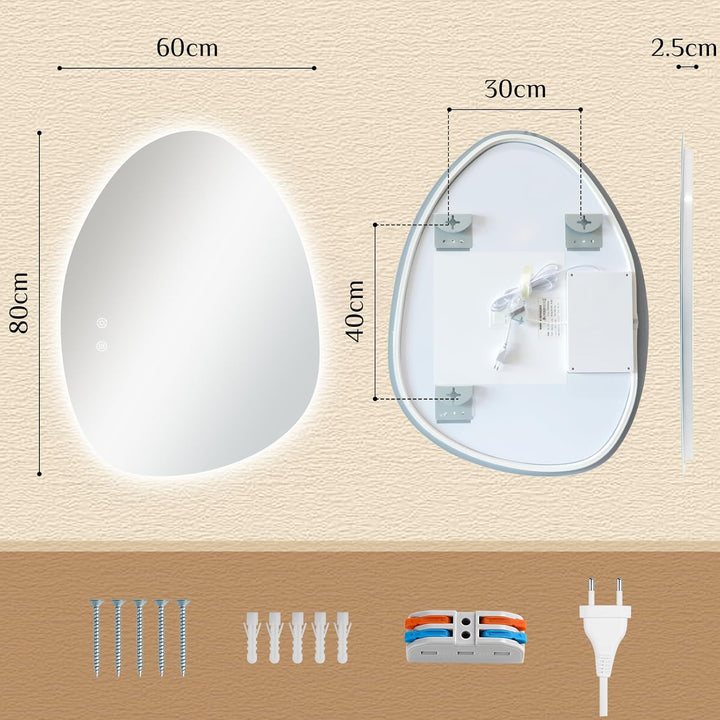 Clevich Badspiegel mit Beleuchtung Asymmetrisch 80×60 cm, LED Spiegel mit 3 Lichtfarben dimmbar, geh