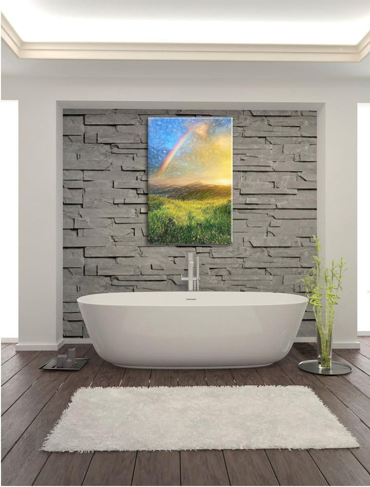 Pixxprint Berge mit Regenbogen am Himmel / 100x70cm Leinwandbild bespannt auf Holzrahmen/Wandbild Ku