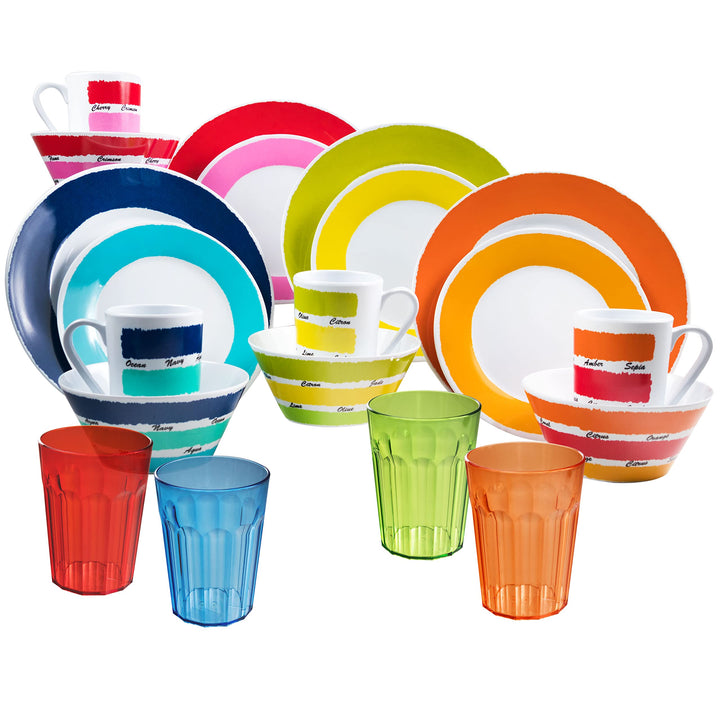 Camping Geschirr Set aus Melamin für 4 Personen - 20 Teile - mit Trinkgläsern Bunt 450 ml - Campingg