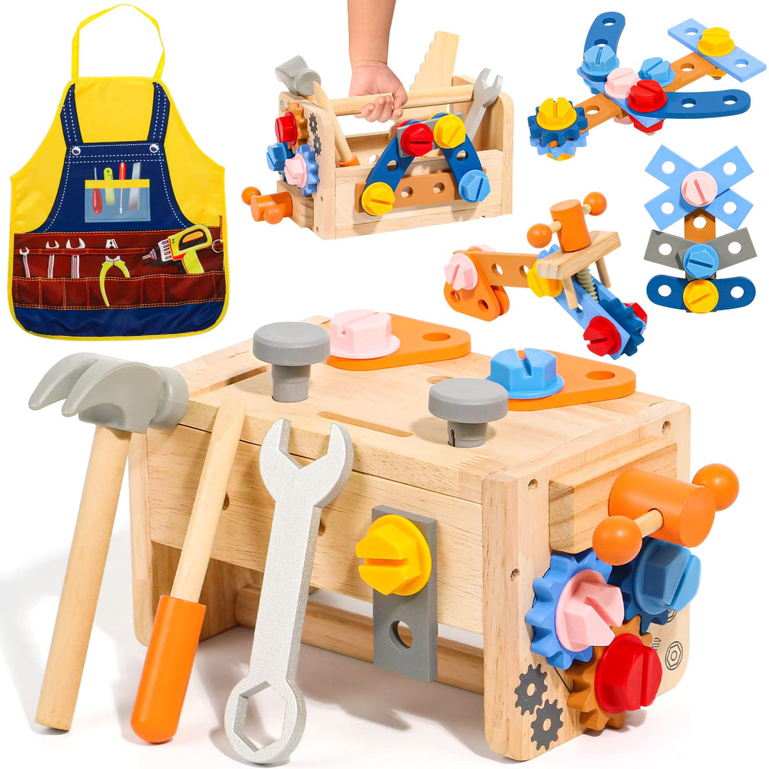 Werkzeugkoffer Kinder Werkbank mit Schürze Kinderwerkzeug Montessori Spielzeug, Geschenk Junge Mädch