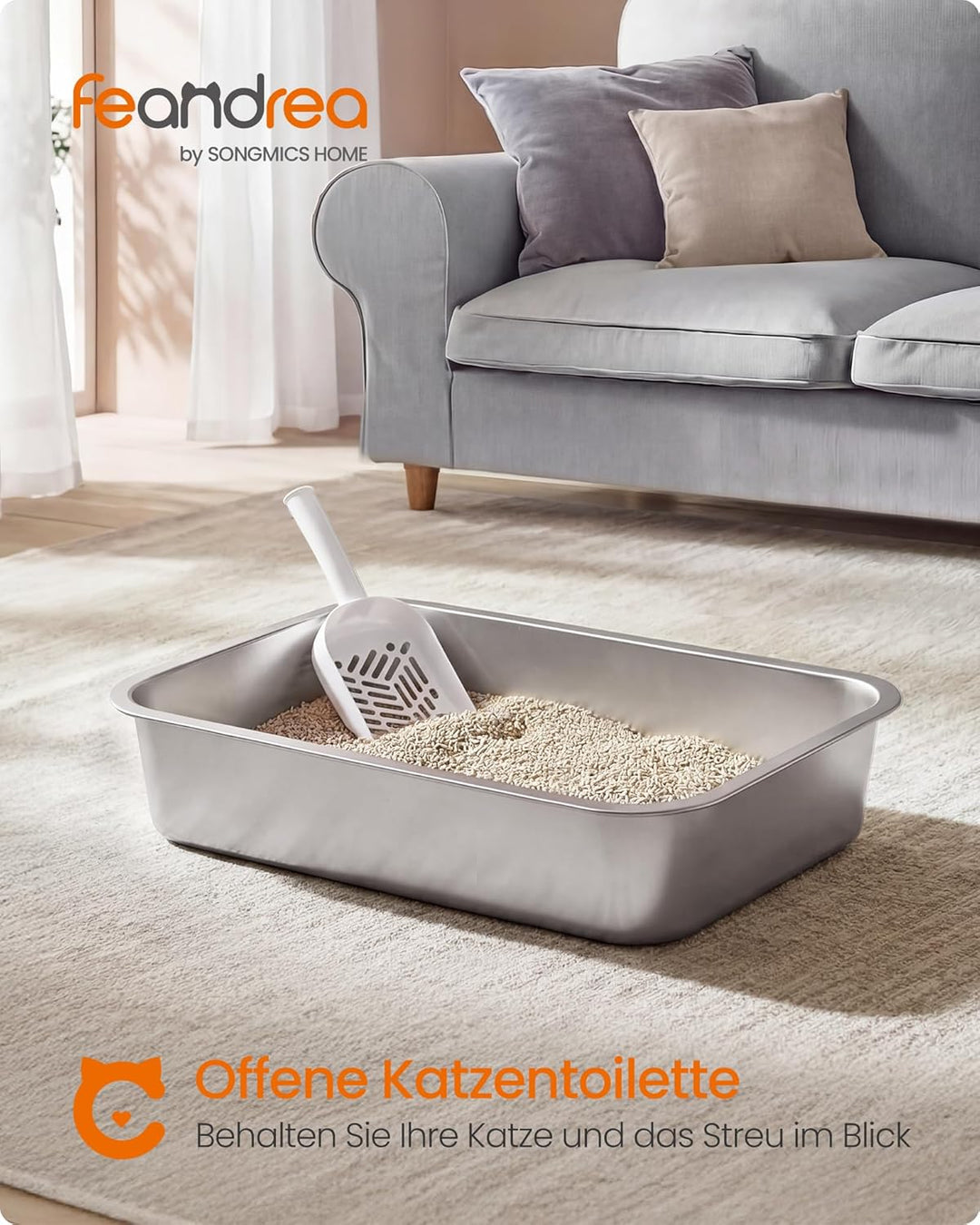 Feandrea Katzenklo Edelstahl, Katzentoilette offen, mit Schaufel, antihaftbeschichtet, geruchsfrei,