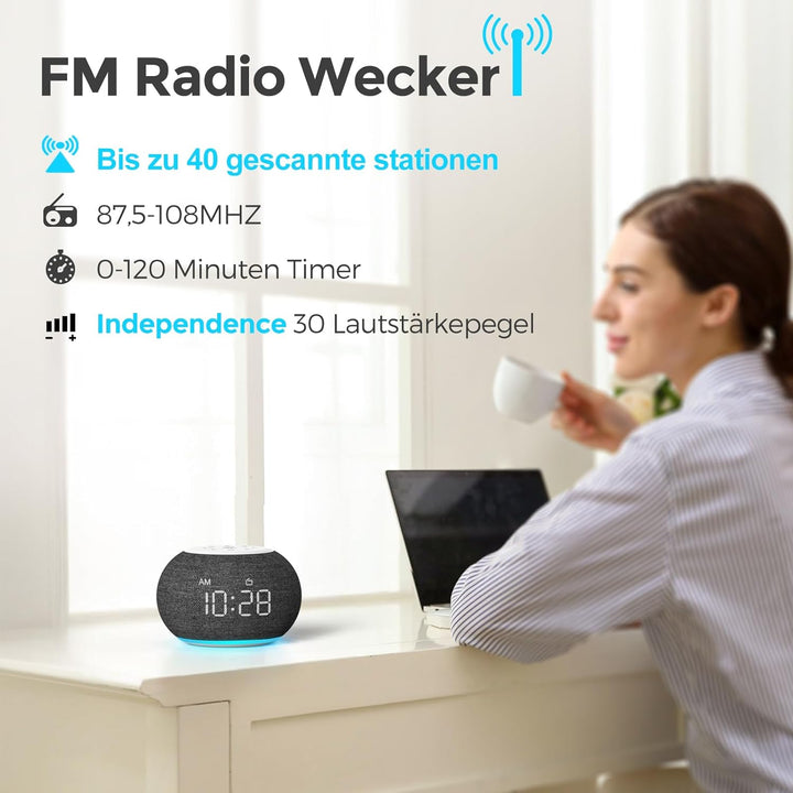REACHER Auto Dimmbare Radiowecker für das Schlafzimmer - 9-farbiges Nachtlicht, 0-100% Dimmer, 7 Ala