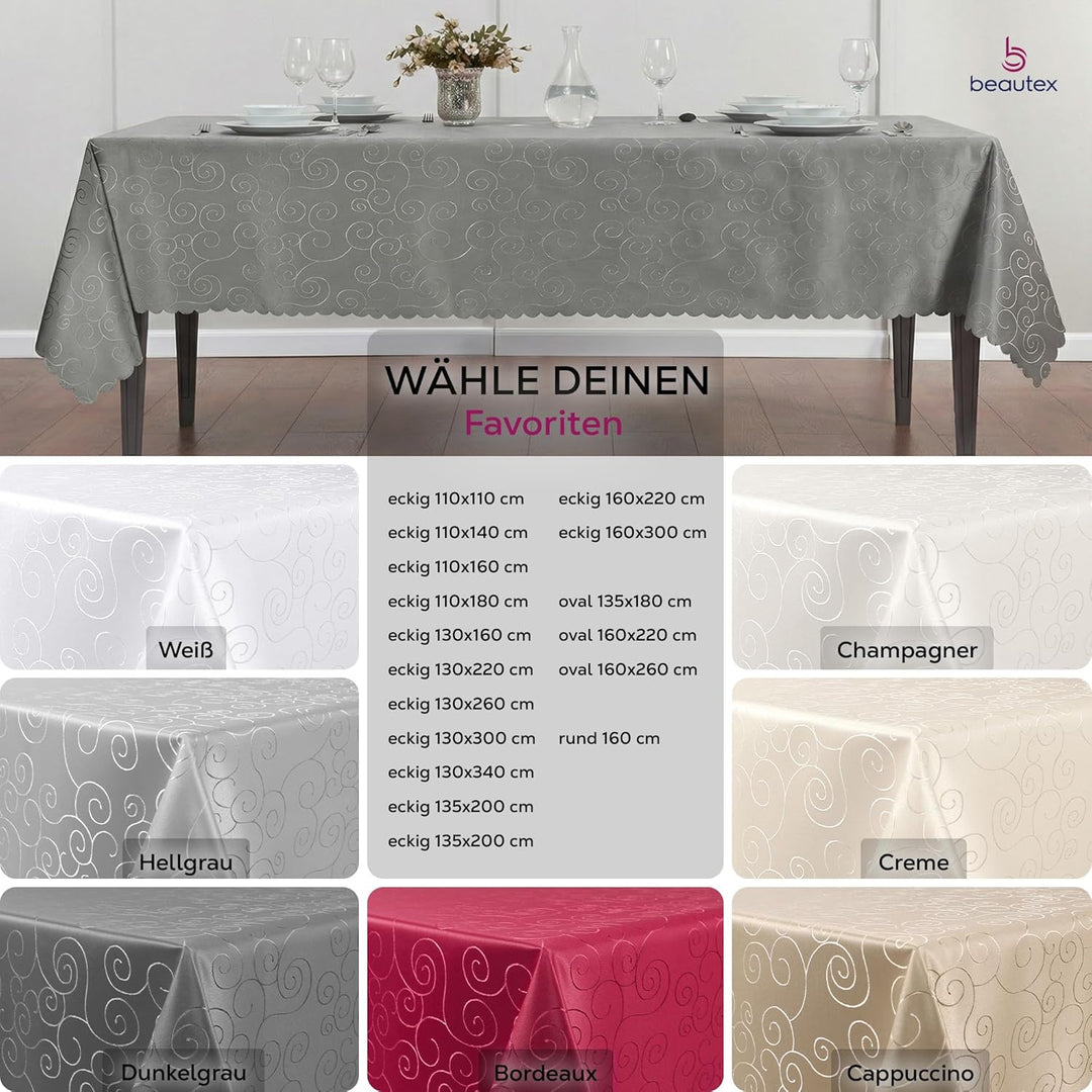 BEAUTEX Tischdecke Damast Ornamente - Bügelfreies Tischtuch - Fleckabweisende, Pflegeleichte Tischwä