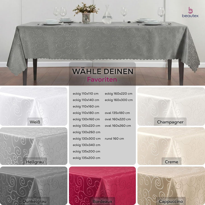 BEAUTEX Tischdecke Damast Ornamente - Bügelfreies Tischtuch - Fleckabweisende, Pflegeleichte Tischwä