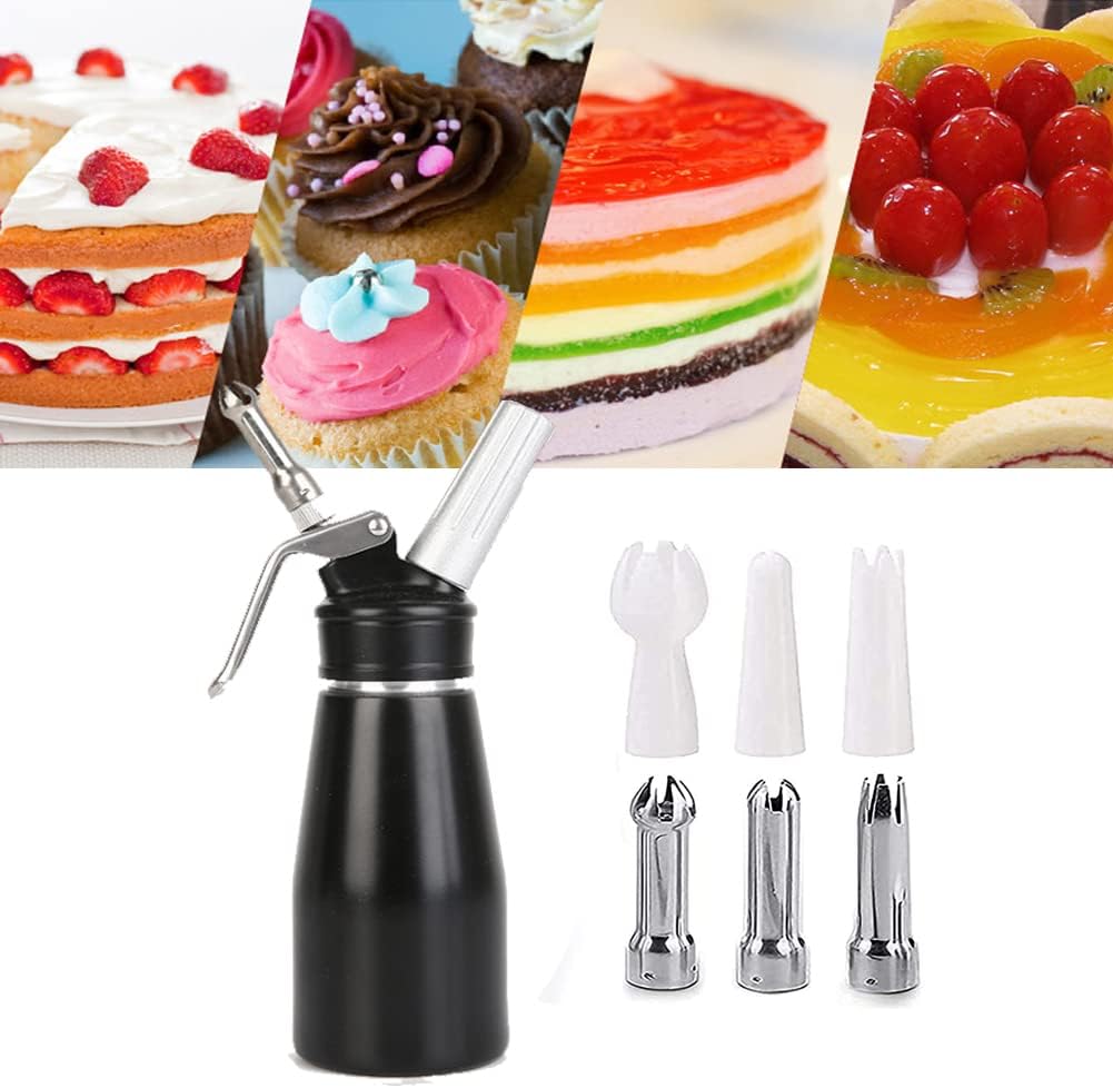Comforty Sahnespender-Edelstahl 250ML,Edelstahl Sahnesyphon mit 6 Dekorations-Düsen und 1 Reinigungs