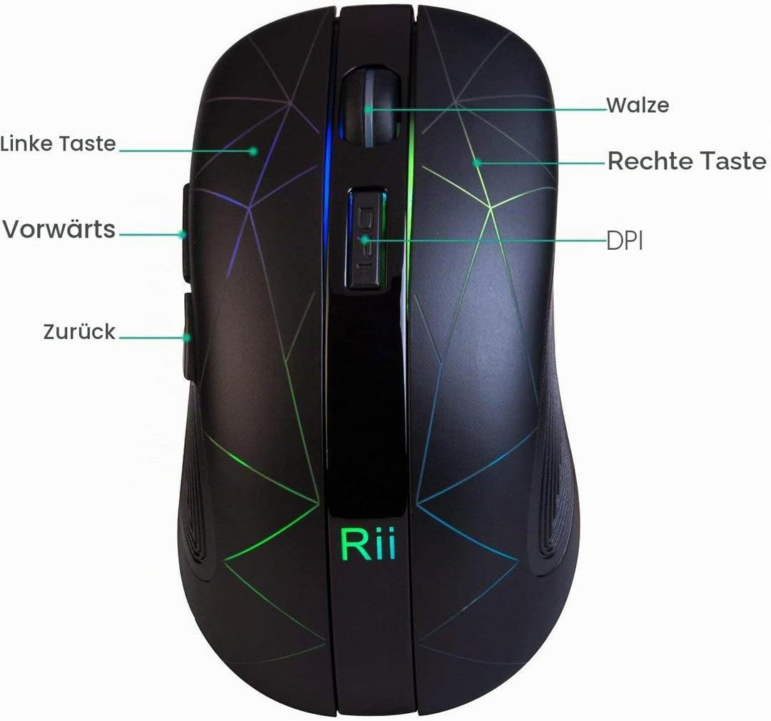 Rii Gaming RM200 Wireless - Drahtlose Gaming Maus, 1600 DPI, 5 Tasten, wiederaufladbar, mit bunten L