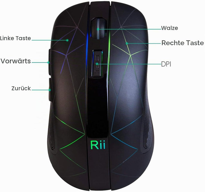 Rii Gaming RM200 Wireless - Drahtlose Gaming Maus, 1600 DPI, 5 Tasten, wiederaufladbar, mit bunten L