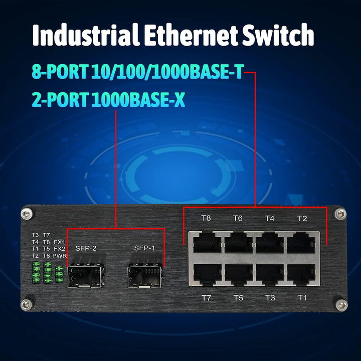 Industrieller Ethernet Switch 8 TP-Ports 10/100/1000Base-TX und 2 SFP optische Ports 1000Base-FX geh