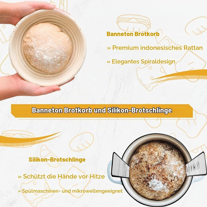 Gärkörbchen Rund &amp; Oval - Brot Backen Set mit Bäckermesser, Pinsel, Leinen, Teigschneider - 100% nat