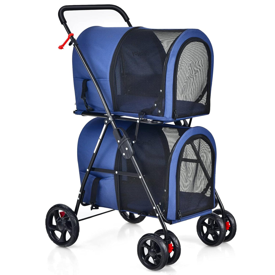 COSTWAY 2 Etagen Hundewagen Haustiere Buggy bis 16kg, Hundebuggy mit Netzfenstern &amp; Getränkehalter &amp;