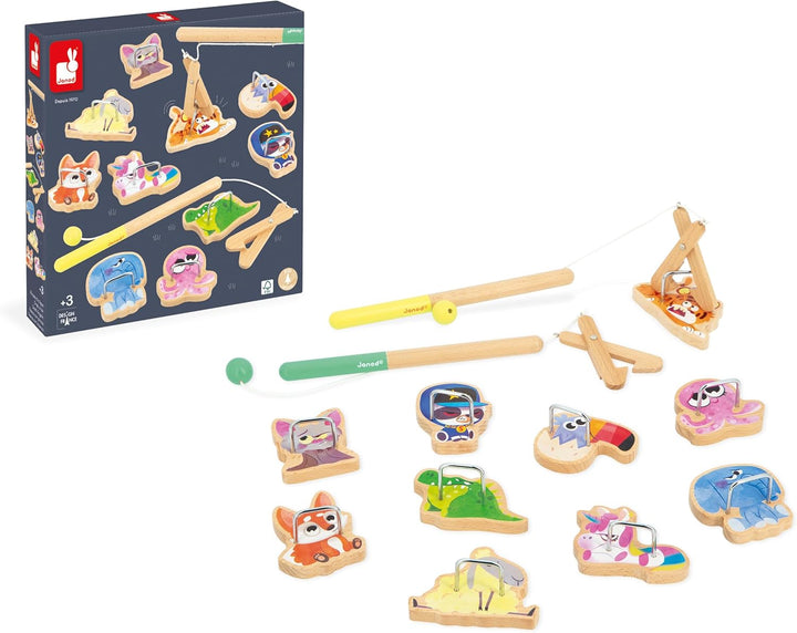Janod - Angelspiel Applepop - Geschicklichkeitsspiel für Kinder - 2 Greifer + 10 Tiere + 1 Beutel -