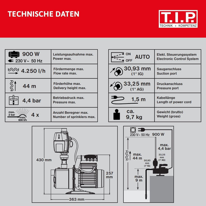 T.I.P. Hauswasserautomat Edelstahl (4.250 l/h Fördermenge, 44 m Förderhöhe, 4,4 bar Druck, 900 W, El