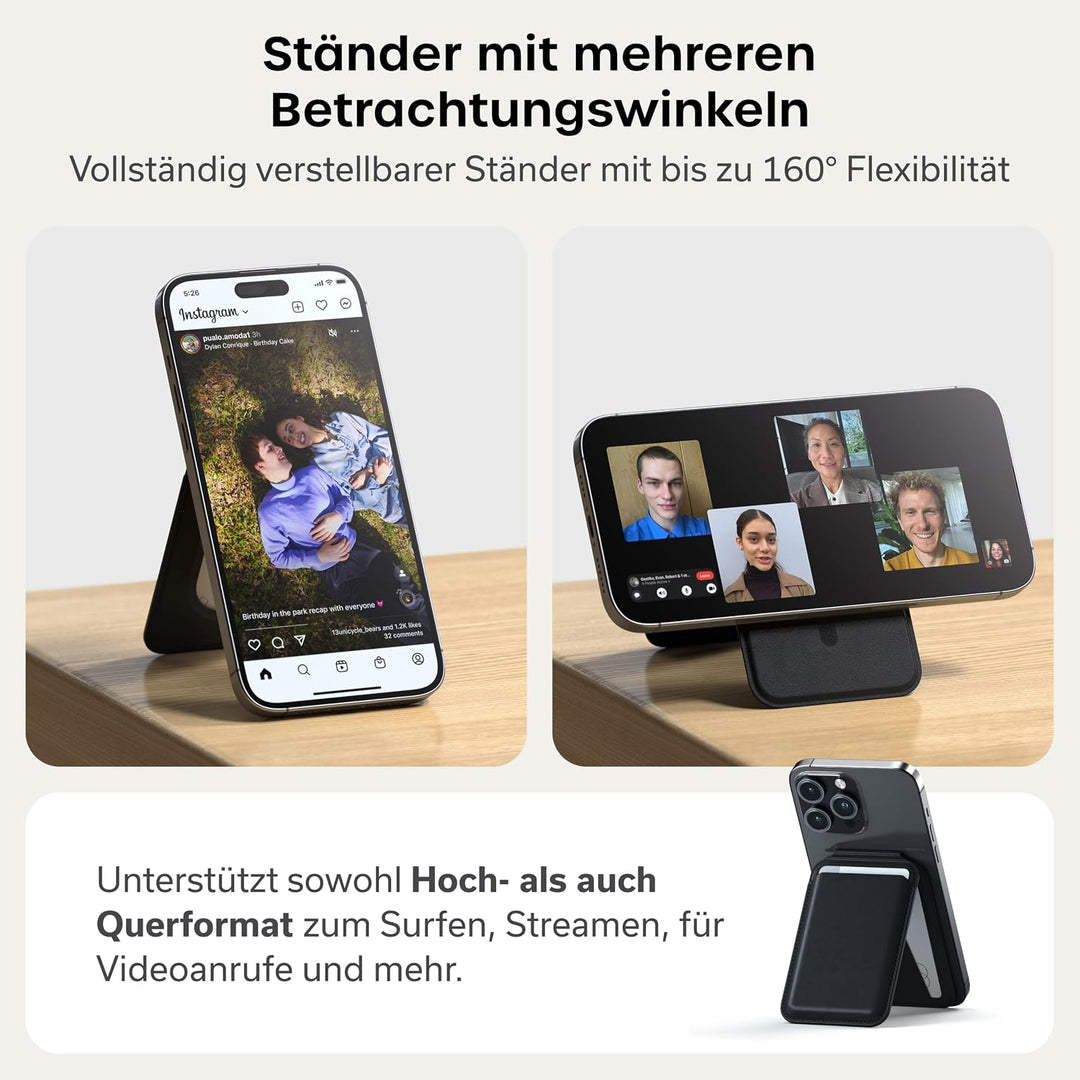 SATECHI Magsafe Wallet und Double Flap Stand mit Magnetfunktion, iPhone Wallet mit 4 Kartenfächern,