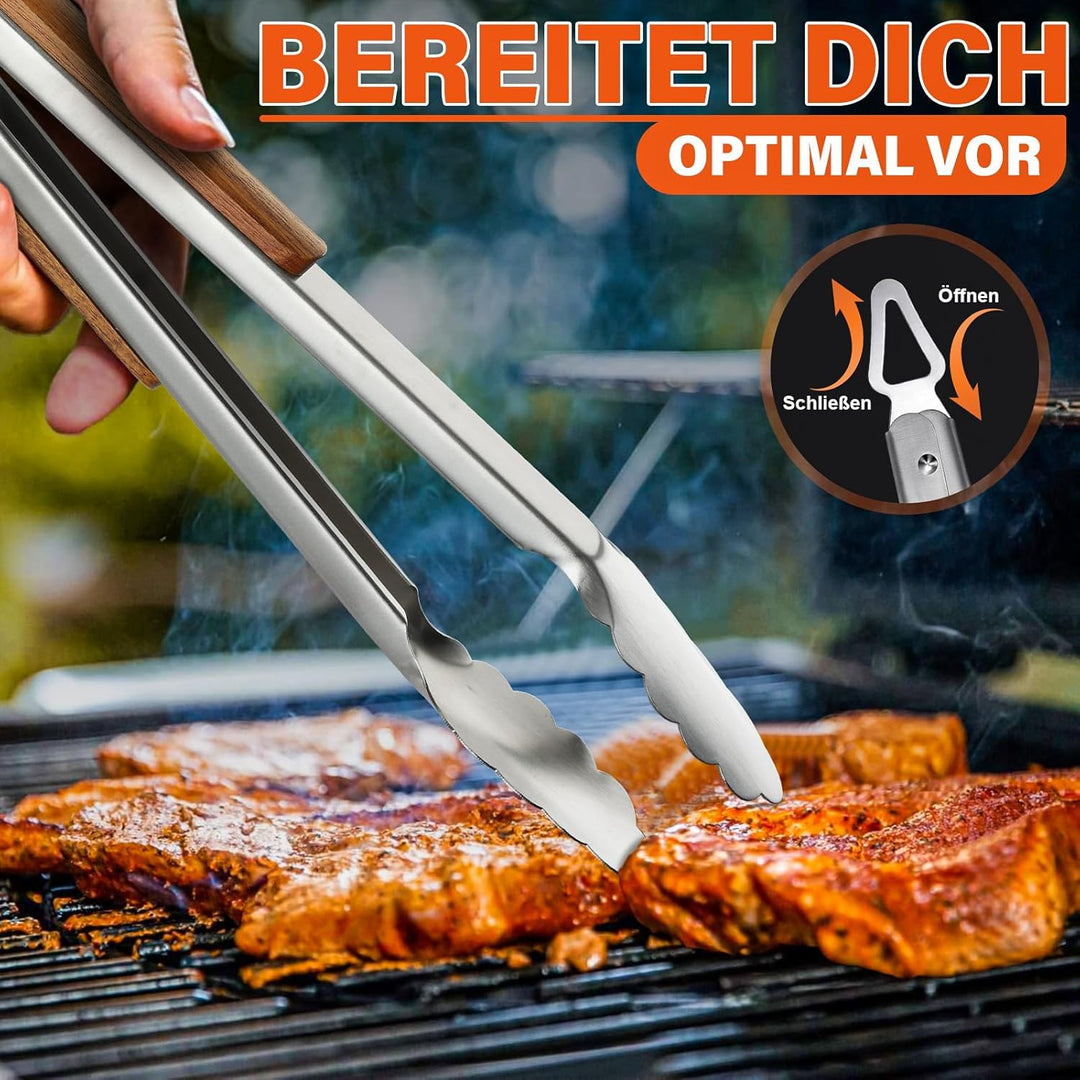 TIVOLI Grillbesteck Set 4-teilig, aus hochwertigem Edelstahl Gefertigt, mit Sicheren Holzgriffen, in