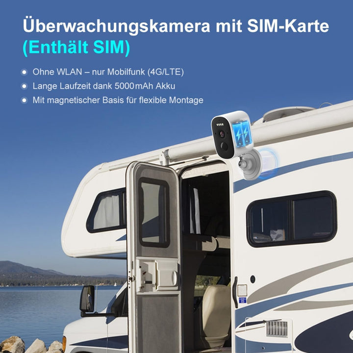 4G Überwachungskamera Akku mit SIM Karte, 2.5K 5MP Kamera Ohne WLAN, Farb Nachtsicht, Bewegungserken