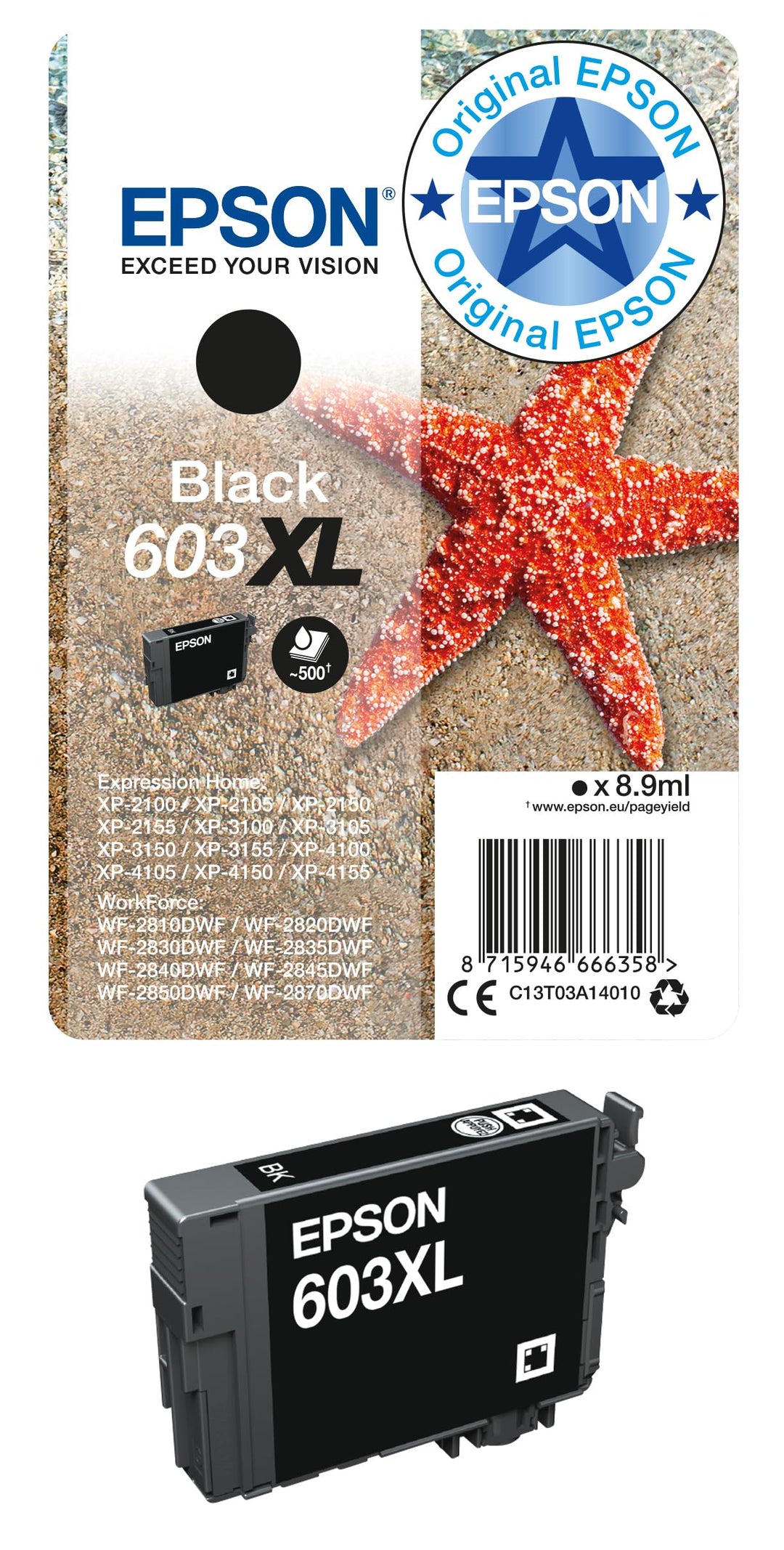 Epson Original 603XL Tinte Seestern, Singlepack schwarz XL, WF-2820DWF WF-2830DWF WF-2840DWF WF-2850