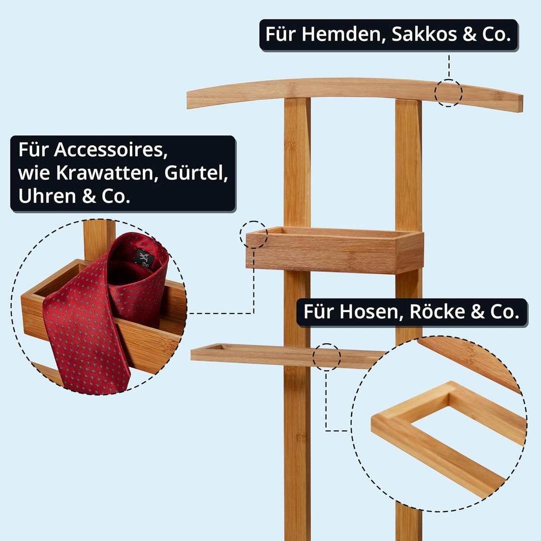 KHG Herrendiener aus Bambus Echtholz für Kleidung, Sackohalter mit Hosenbügel sowie Accessoire-Fach,