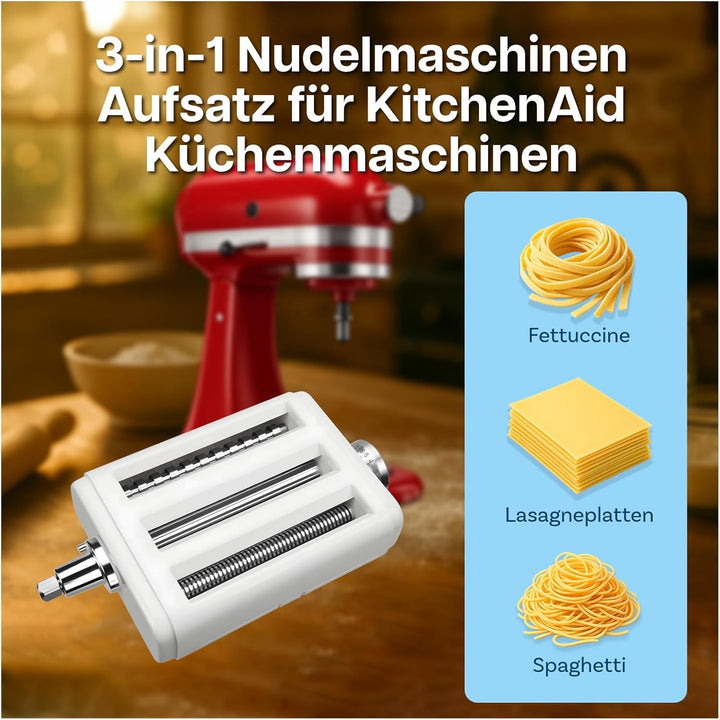 Nudelaufsatz für KitchenAid Küchenmaschine 3 Stück Set – Pasta Roller, Spaghettischneider & Fettucci