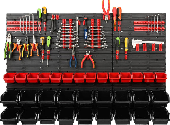Lagersystem Werkstattregal | 117 x 78 cm | 32 stck. Box | Wandregal mit Werkzeughalterungen und Stap