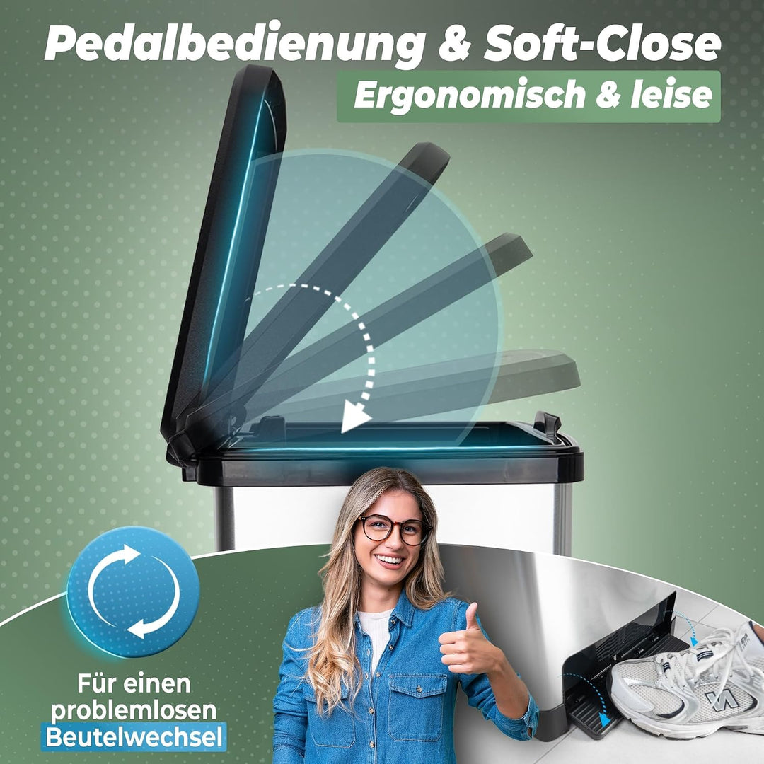 Novaliv 2x Grosser Mülleimer mit Deckel - 50L Tretmülleimer mit Soft-Close-System - Stabiler Abfalle