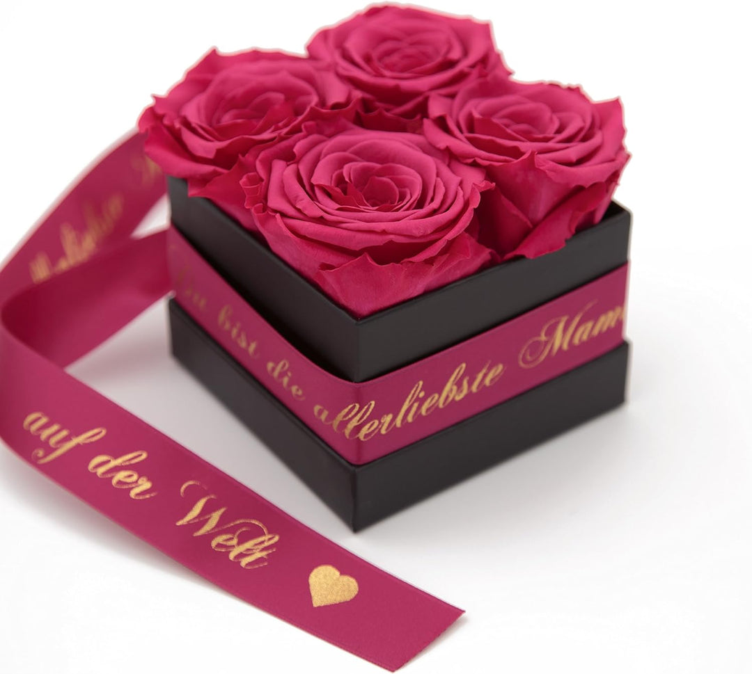 ROSEMARIE SCHULZ Heidelberg Flowerbox 8,5 x 8,5 cm 4 Infinity Rosen haltbar 3 Jahre Gravur Goldschri