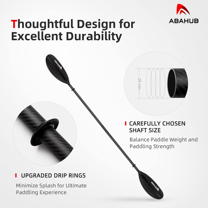 Abahub Carbon Kajak Paddel 230cm/ 220 bis 240cm Verstellbar mit Paddelleash für Kajakfahren Ruderboo