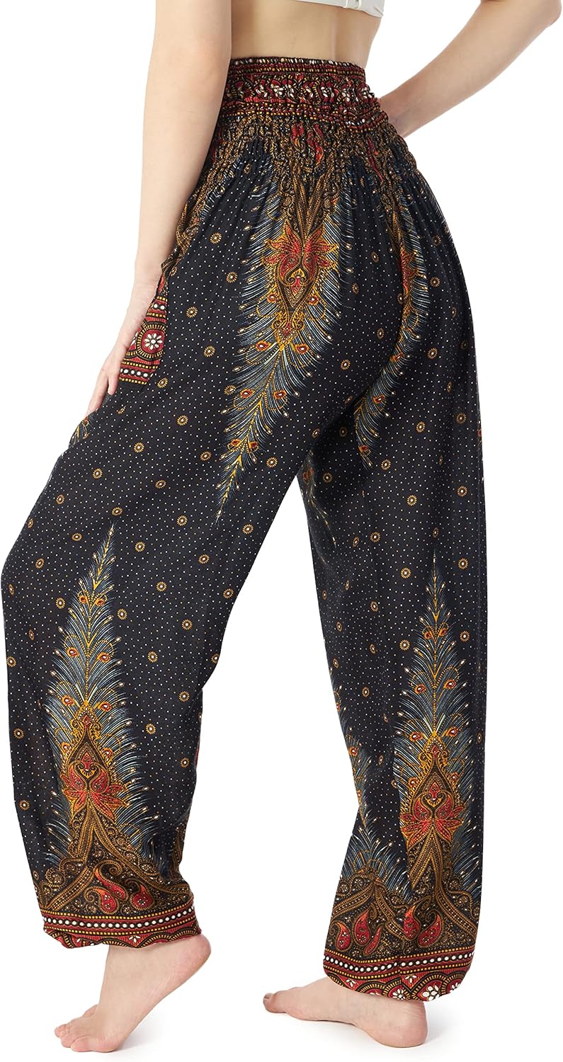 Lannaclothesdesign Damen Haremshose mit gesmokter Taille, Boho, fliessend, Hippie-Kleidung S Black P
