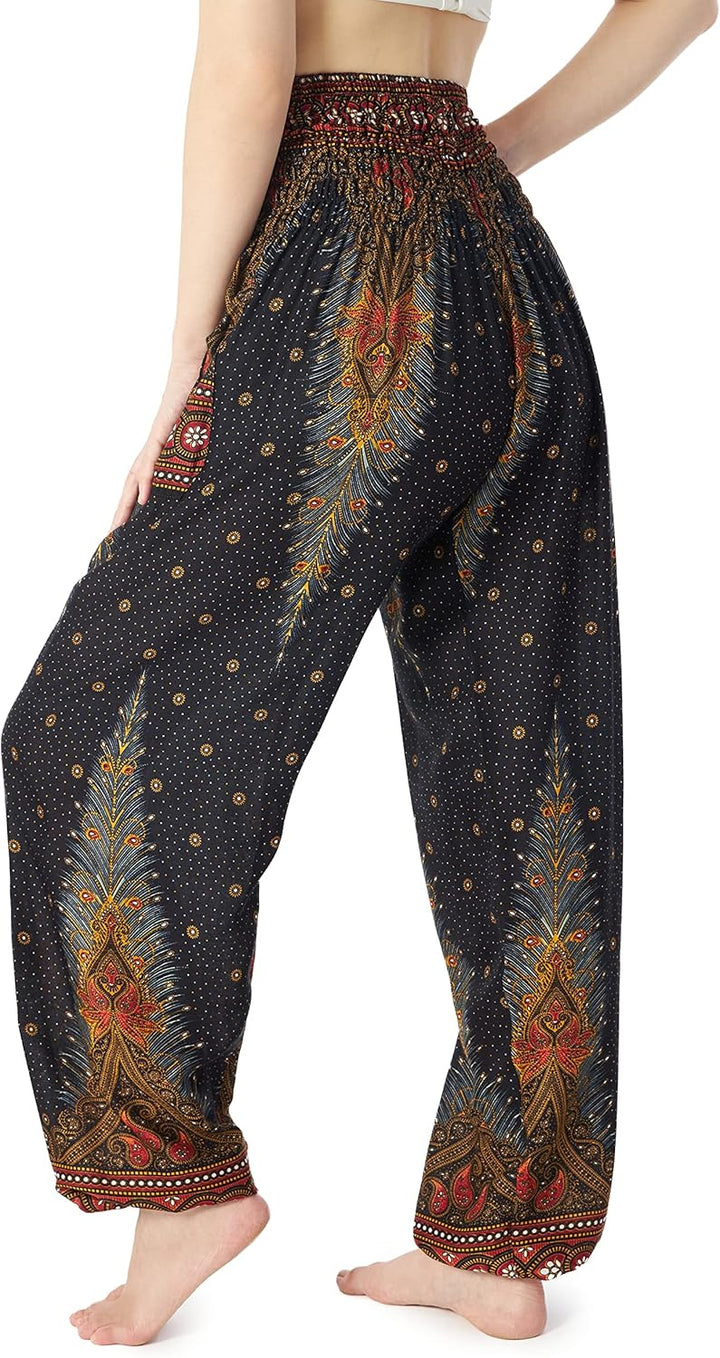 Lannaclothesdesign Damen Haremshose mit gesmokter Taille, Boho, fliessend, Hippie-Kleidung S Black P