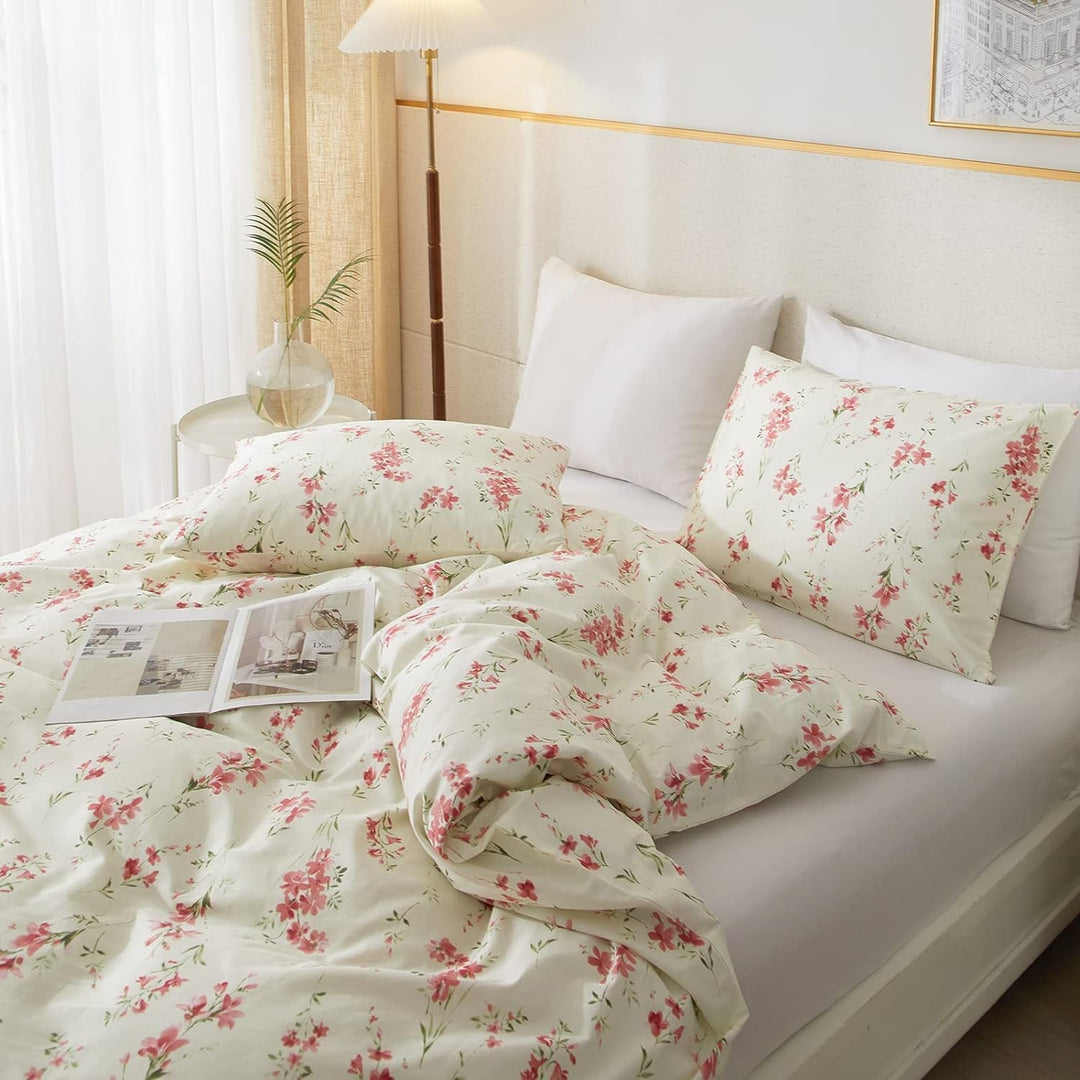 Freyamy Blumen Bettwäsche 135x200cm 2teilig Beige Rosa Blätter Pflanzen Floral Wendbar Bettwaren-Set