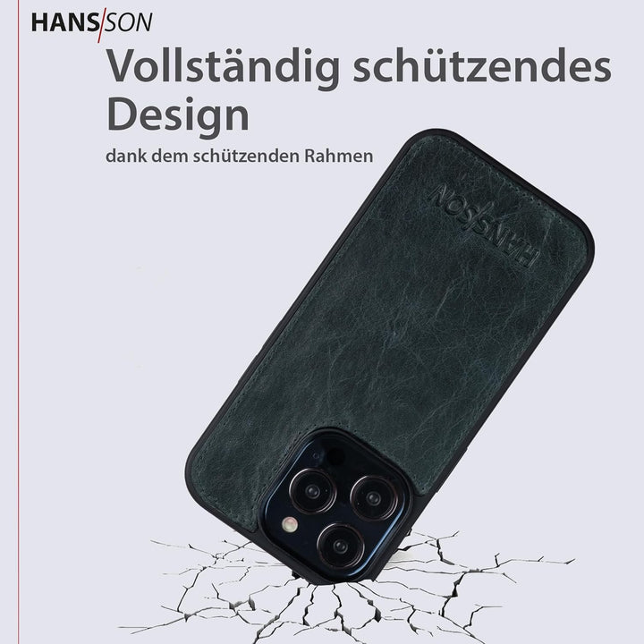 HANS/SON Echtlederhülle in Petrol | iPhone 14 Pro Ledercase | Schutz vor Stürzen und Stössen | Magsa