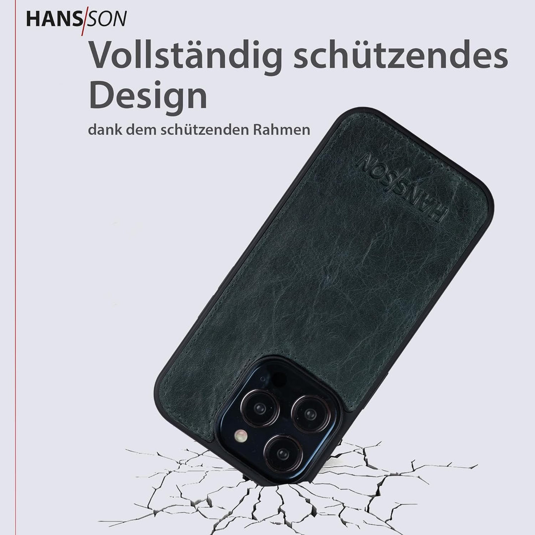HANS/SON Hülle aus Echtleder | iPhone 14 Pro Max | Blaue Ledercase | 6,7 Zoll | Schmal | Stossfest |