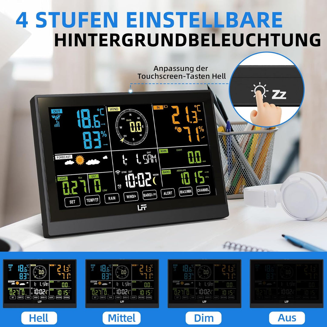 LFF WLAN Wetterstation mit Funk mit Aussensensor, 7in1Wifi Funkwetterstation mit APP, 7,5-Zoll Farbd