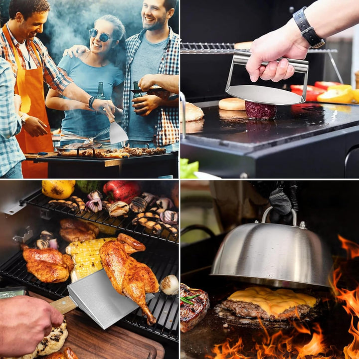 9 Stück Burger Set, Holzgriffen Grillspachtel Edelstahl Plancha Spachtel für Burgerpresse, Teppanyak