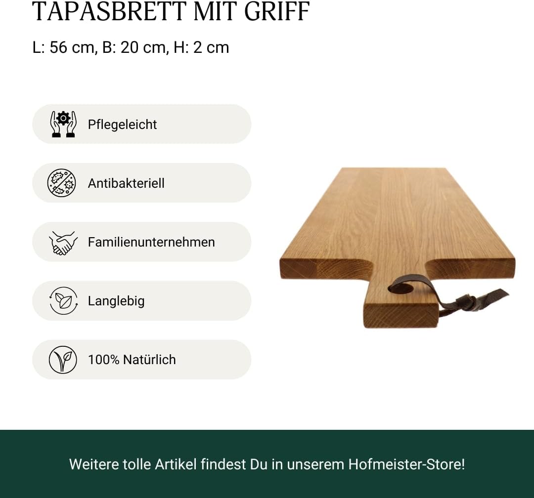 HOFMEISTER® Tapasbrett Eiche – Langes Servierbrett mit Lederband, robust und hochwertig, massives Ho
