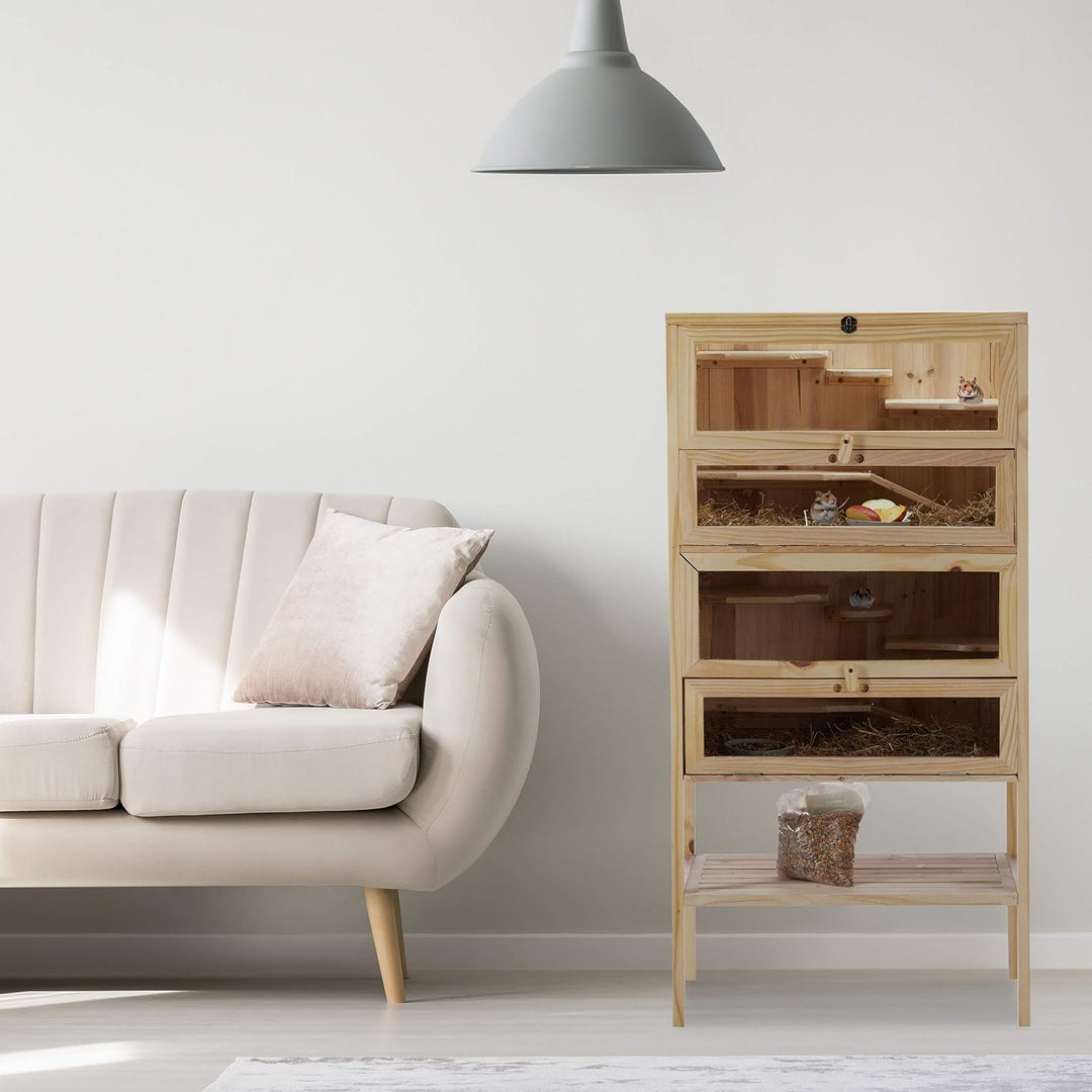 Relaxdays Hamsterkäfig aus Holz, 3 Etagen, Klappen, Sichtfenster, Gitterdach, Nagerkäfig XXL, HBT: 1