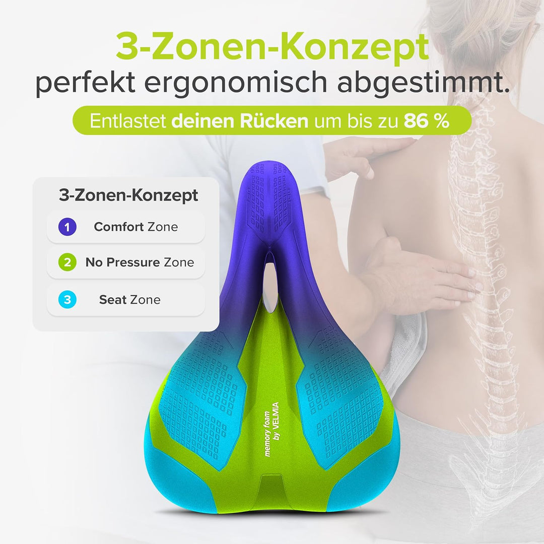 VELMIA Fahrradsattel mit ergonomischem 3-Zonen-Konzept & Memory Foam I Bequemer Fahrrad Sattel für D