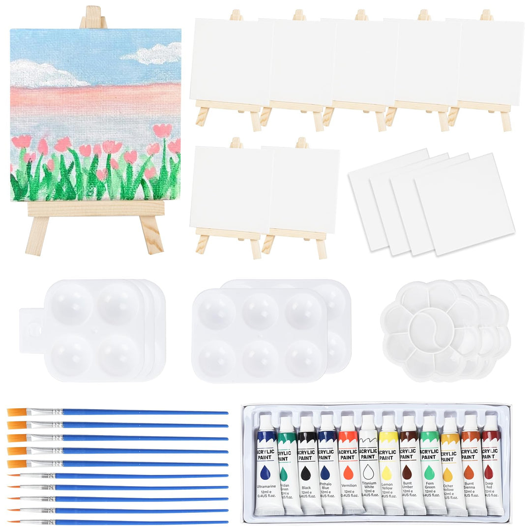 DONQL 50 Stück Mini Leinwand mit Staffelei Set, Kleine Leinwände mit einstellbare Mini Staffelei, mi