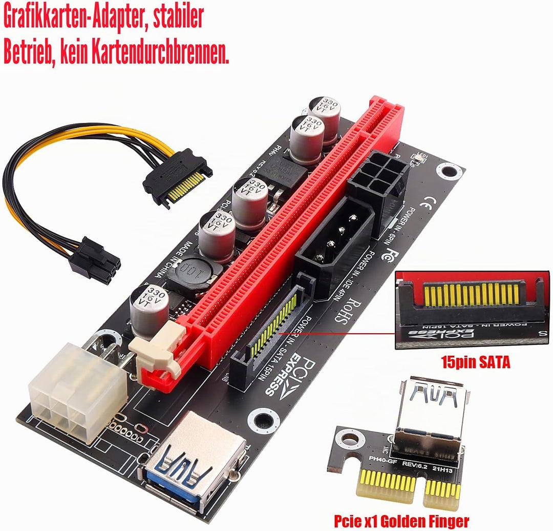 PCIe 1X auf 16X Riser Karte für Bitcoin Mining - 3 Netzteiloptionen (6Pin, Molex, SATA), 60 cm gesch