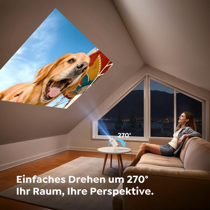 Mini Beamer 4K Unterstützt [Android 14 &amp; App Steuerung] WiFi 6 BT 5.4 | 270° Dreh Smart Beamer Klein