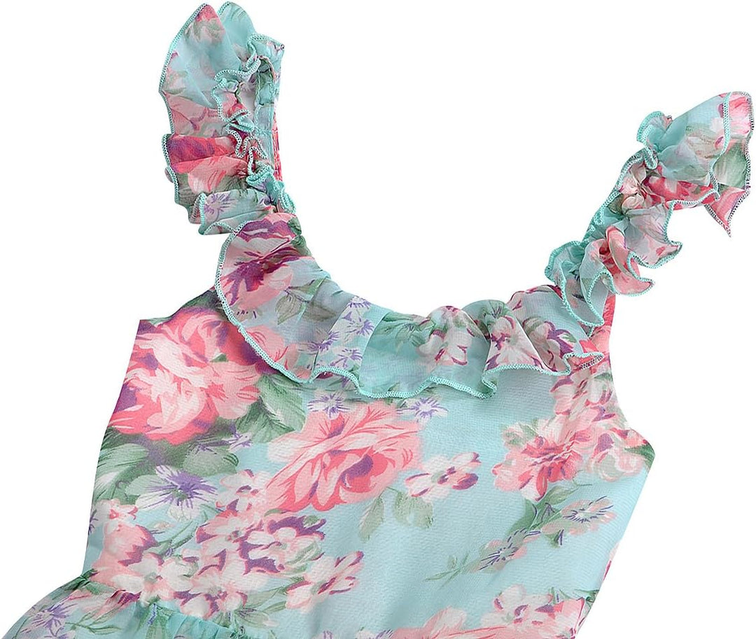 BONNY BILLY Mädchen Kleider Freizeit Blumen Sommerkleid Strandkleid Chiffonkleid Maxikleid mit Rüsch