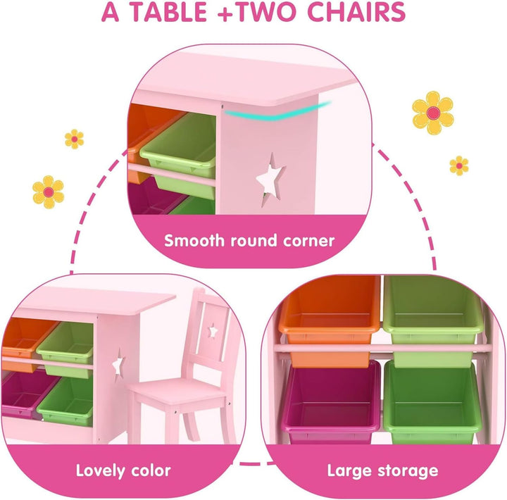 Kinder Tisch und Stuhl Set - Kindertische Massivholz und Rosa - Tisch mit 4 Aufbewahrungsboxen, Star