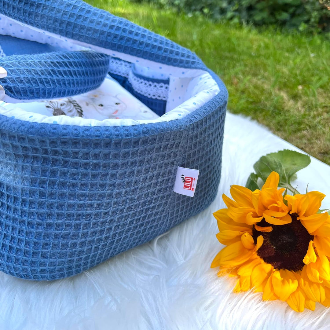 Puppentragetasche für Puppen 35-40 cm, Blau, Baumwolle, Tieren, Waschbar (35-40, Blau Nr. 17) 35-40