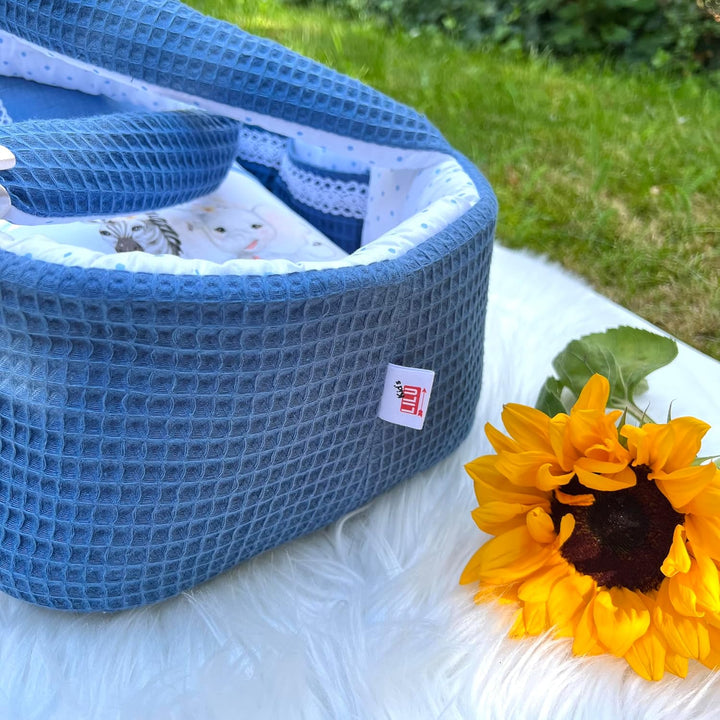 Puppentragetasche für Puppen 35-40 cm, Blau, Baumwolle, Tieren, Waschbar (35-40, Blau Nr. 17) 35-40