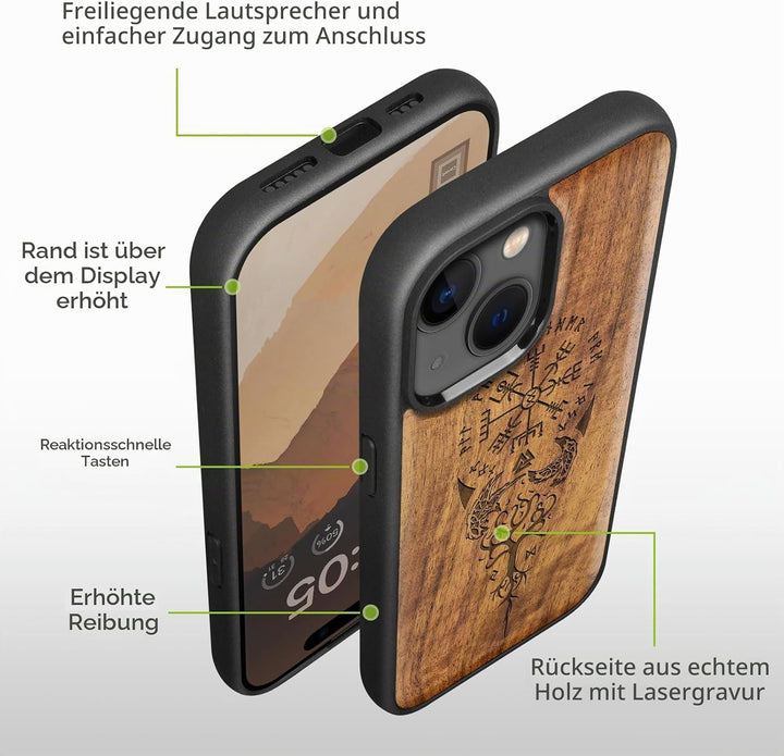 Carveit Holz Handyhülle für iPhone 15 Plus hülle, Kompatibel mit Magsafe Silikon Stossfeste Cover, M