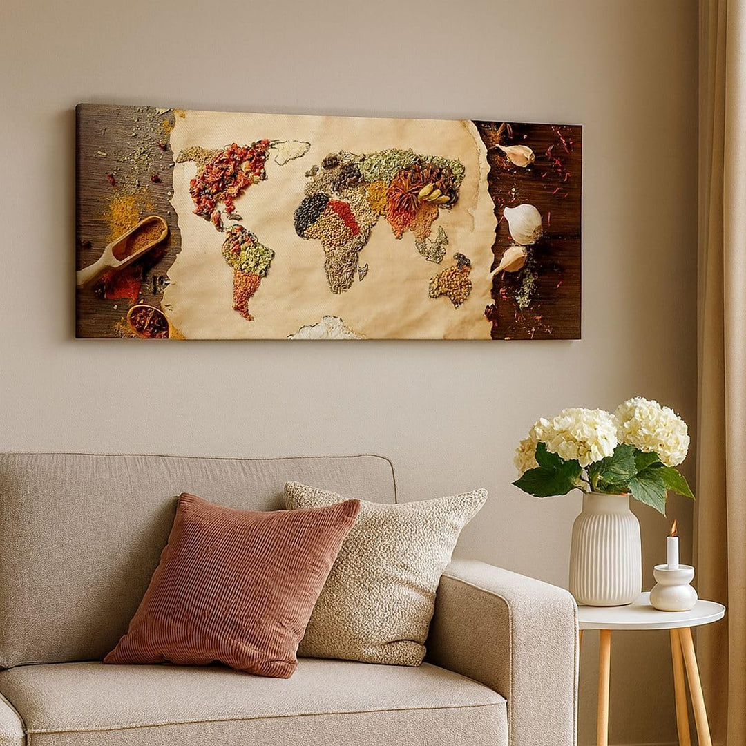Wandbilder Dekoration Wohnzimmer Welt Karte Gewürze Farben Panorama Bilder auf Leinwand 120x50cm Lei