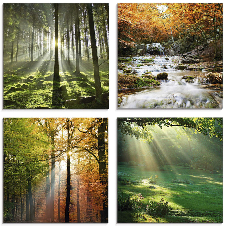 ARTland Glasbild Wandbild Glas Bild 4er Set 4 teilig je 20x20 cm Natur Landschaft Wald Baum Grün Gra
