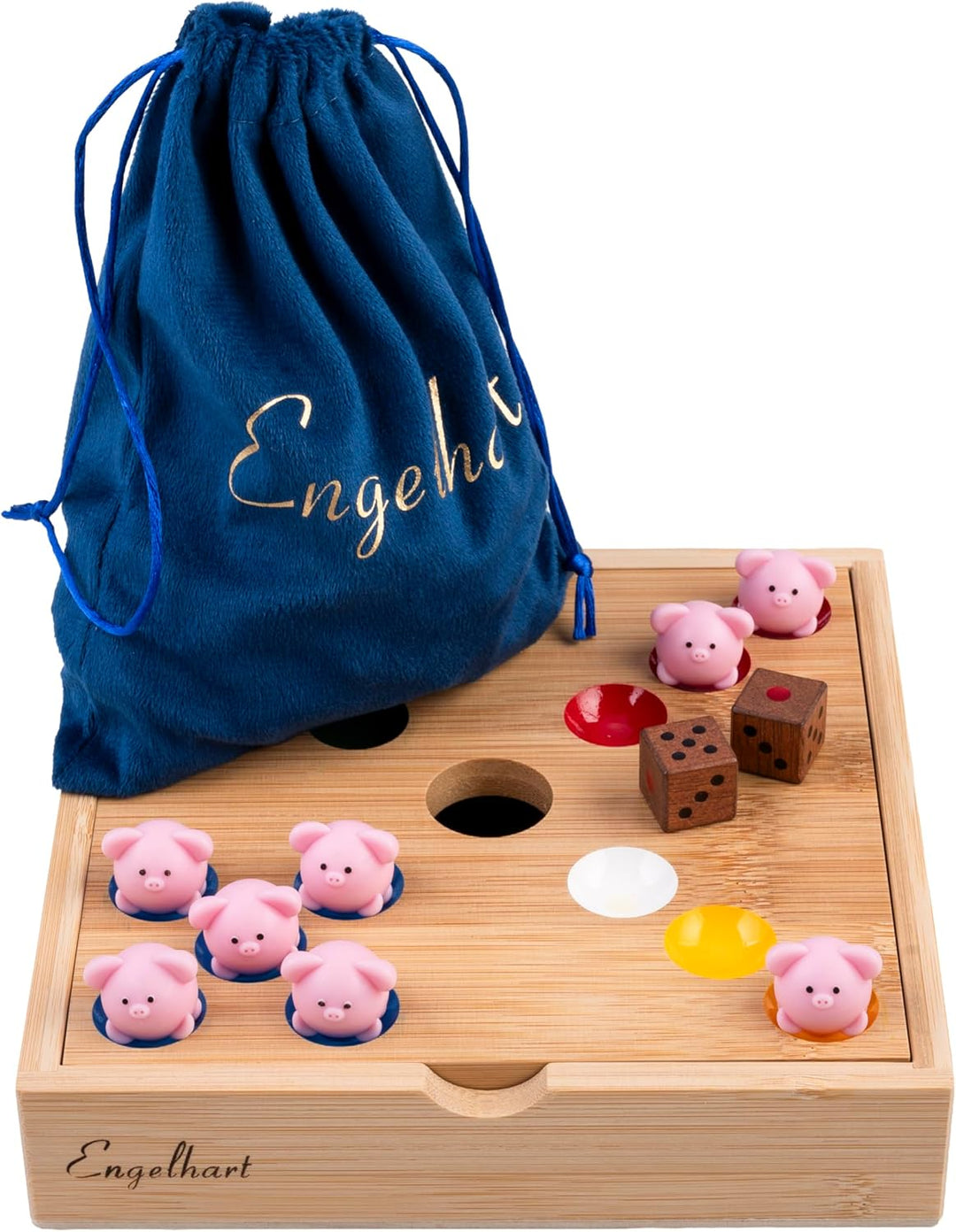 Engelhart Schweinchen Spiel Würfelspiel mit grossen 2 cm Silikon-Schweinchen – Ferkelspiel in Holzbo