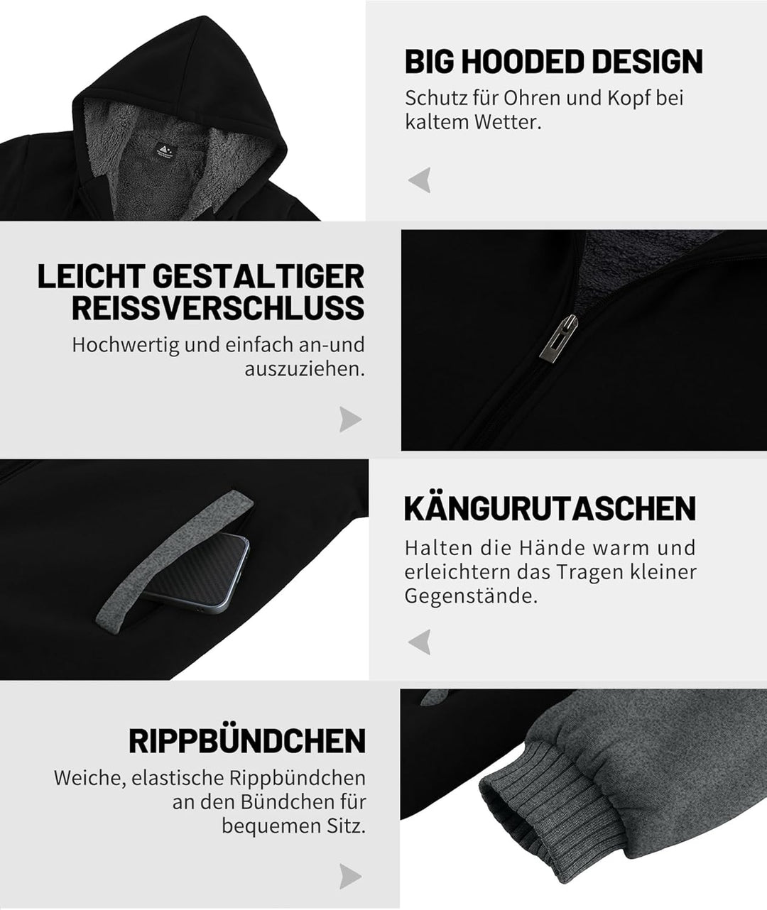 JACKETOWN Herren Sweatshirt Gefüttert Hoodie Reissverschluss Sweatjacke Warm Fleece Winterjacke Tedd