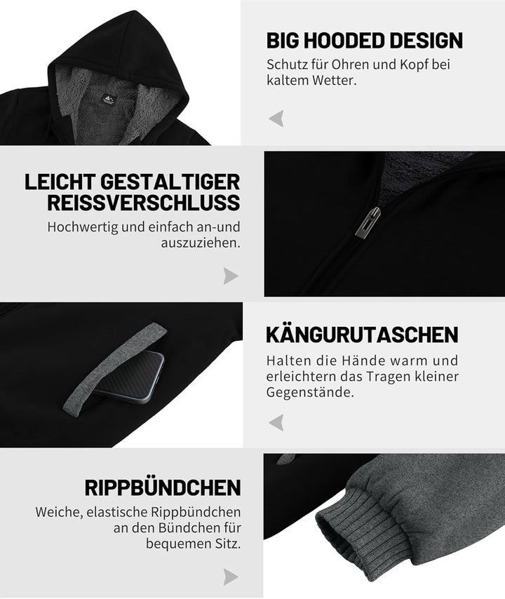 JACKETOWN Herren Sweatshirt Gefüttert Hoodie Reissverschluss Sweatjacke Warm Fleece Winterjacke Tedd