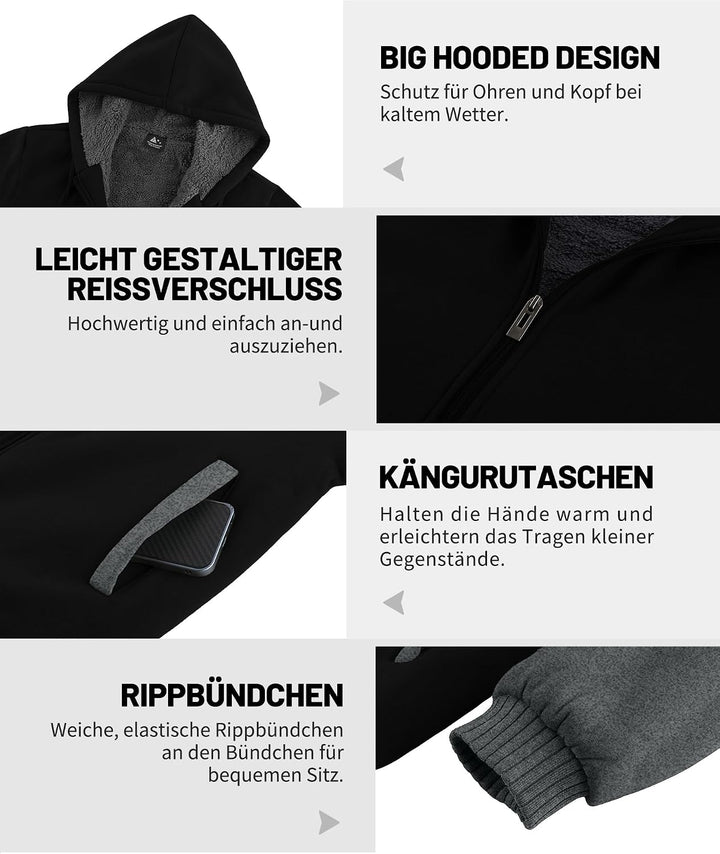 JACKETOWN Herren Sweatshirt Gefüttert Hoodie Reissverschluss Sweatjacke Warm Fleece Winterjacke Tedd
